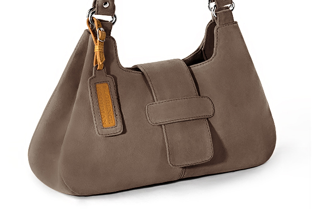 Chocolate brown women's dress handbag, matching pumps and belts. Front view - Florence KOOIJMAN